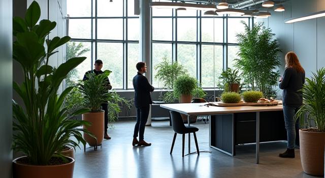 Moderne åpent kontorlandskap med naturlig tre og grønne planter, inspirerende arbeidsmiljø