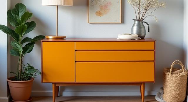 Restaurert retro skjenk i lys eik med messinghåndtak, plassert i et moderne interiør